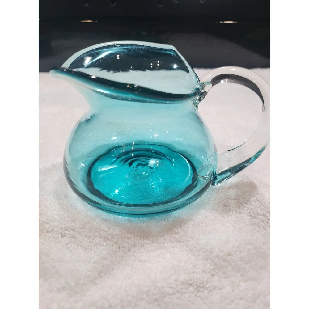 Vintage~MCM~Blue~Pitcher-Squatty~Flat Bottom~Clear Handle~ Squared Top~Beautiful